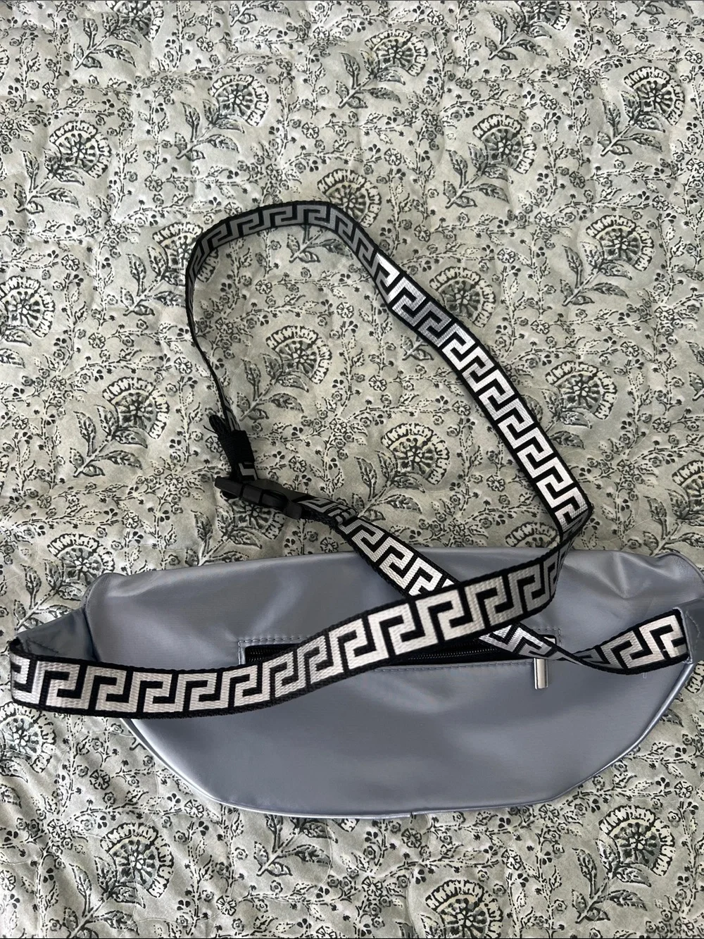 Versace Iridescent Silver Logo Belt Bag with Greek Key Strap